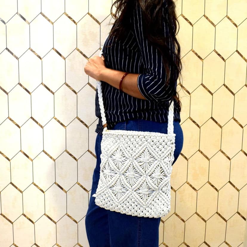 Handmade Macrame Tote Bag � Off-White Unisex Cotton Handbag with Detachable Strap � Ideal for Office, College & Daily Outings view 2