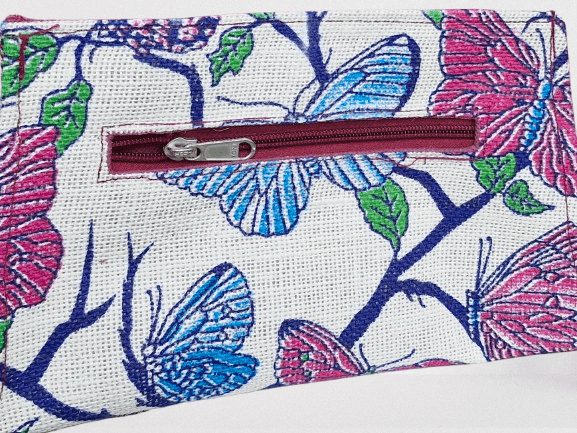 Small Floral Jute Tote Bag with Butterfly and Red Handles view 2
