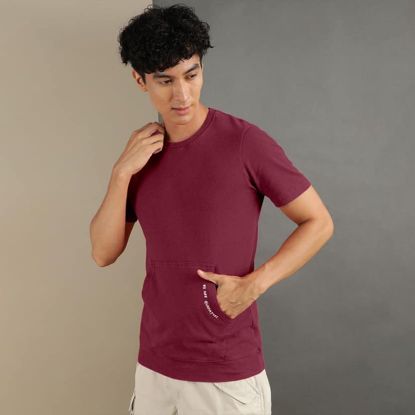 Ftx Men Solid Round Neck Kangaroo Pocket Half Sleeve Tshirt view 5