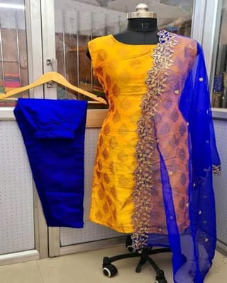 MyCOST Zari Weave Jacquard Festival wear Kurta Pant Dupatta Set, Sleeves attached