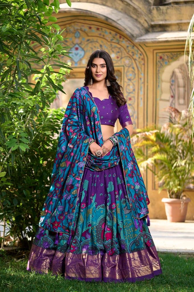 Shringar House Traditional Premium Floral Print & Foil Work Lehenga Choli Set for Wedding, Ethnic Wear with Embroidered Gota Patti Border Lehenga Choli Dupatta Set with Unstitched Blouse (Purple) view 3