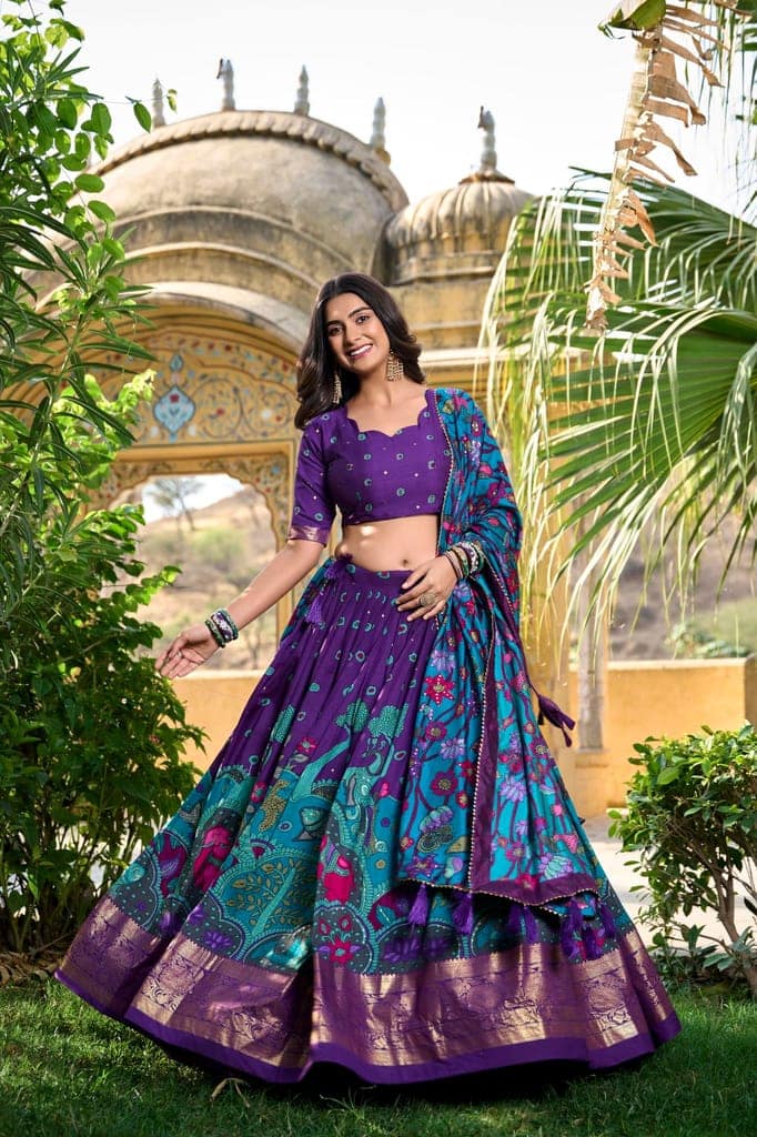 Shringar House Traditional Premium Floral Print & Foil Work Lehenga Choli Set for Wedding, Ethnic Wear with Embroidered Gota Patti Border Lehenga Choli Dupatta Set with Unstitched Blouse (Purple) view 4