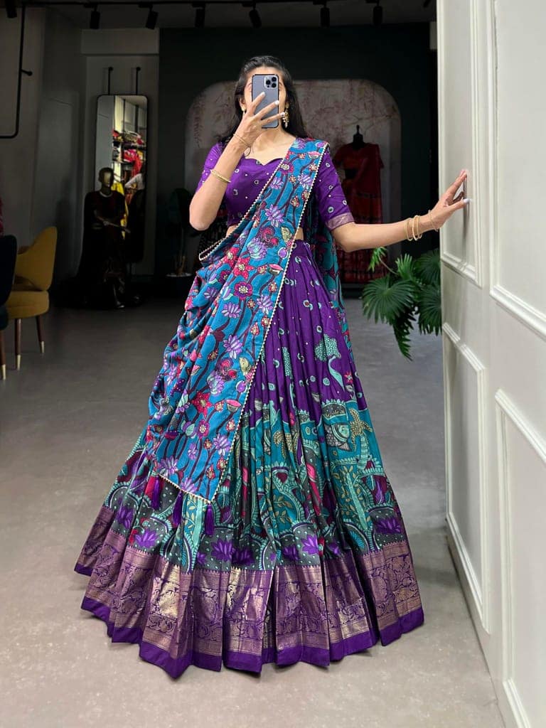 Shringar House Traditional Premium Floral Print & Foil Work Lehenga Choli Set for Wedding, Ethnic Wear with Embroidered Gota Patti Border Lehenga Choli Dupatta Set with Unstitched Blouse (Purple) view 7