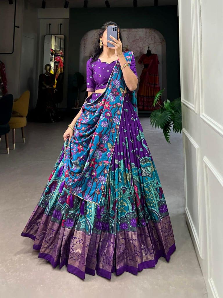 Shringar House Traditional Premium Floral Print & Foil Work Lehenga Choli Set for Wedding, Ethnic Wear with Embroidered Gota Patti Border Lehenga Choli Dupatta Set with Unstitched Blouse (Purple) view 9