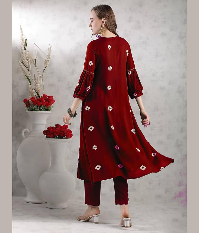 anushansa Rayon Embroidered Kurti With Pants Women's Stitched Salwar Suit - Maroon ( Pack of 1 ) view 2