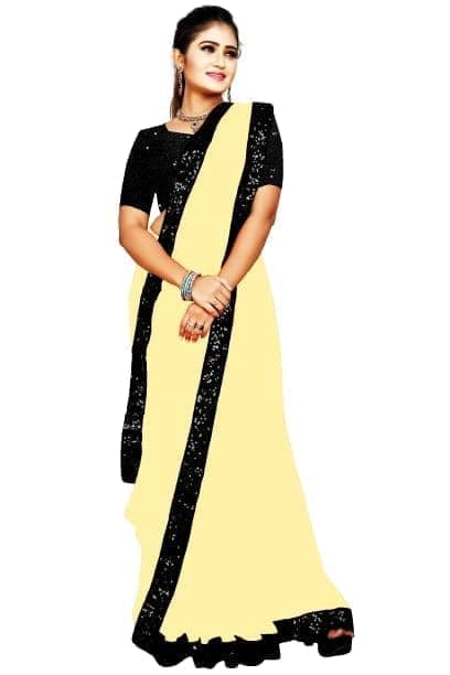 Buy & Try Women's Georgette Plain Saree With Embroidery Work Velvet Blouse Sequence Less Border and Unstitched. (5.5 M) view 10