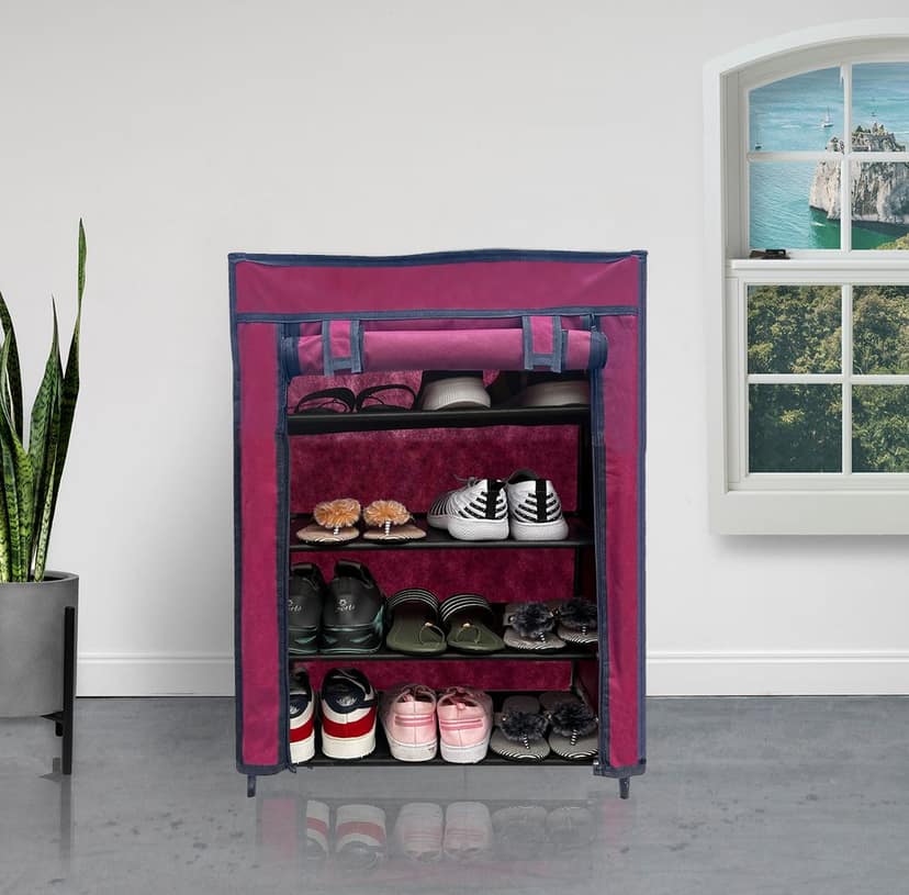 PHILOSHOP 4-Tier Metal Shoe Rack with Dustproof Cover – Black, Space-Saving Storage Organizer for Entryway