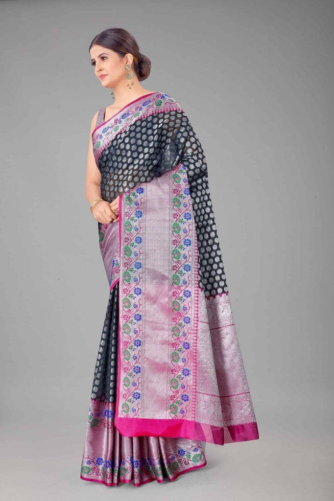 Women's Pure Kanjeevaram Woven Black Saree view 2