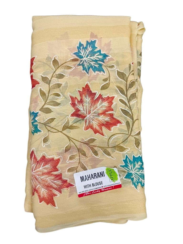 Cream and red floral printed georgette saree with blouse