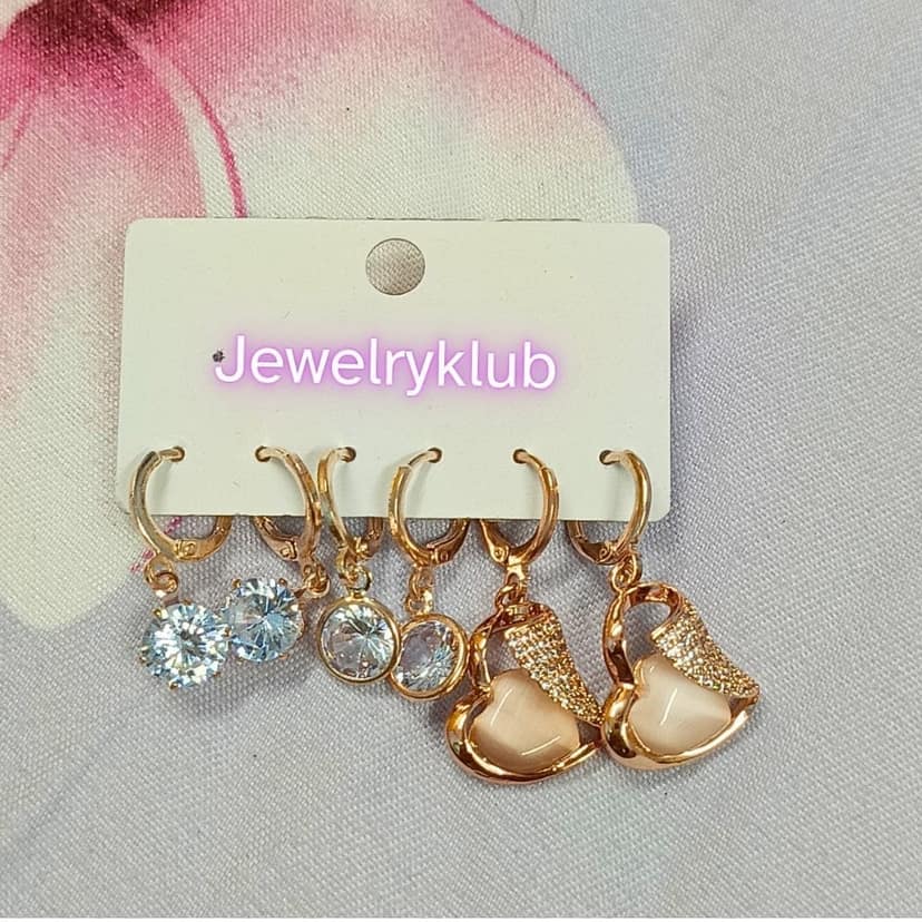 Jewelryklub Combo Of 3 Pairs Rose Gold Plated Zircon Studded AD Earrings For Girls Women Design 7 view 2