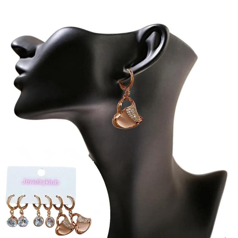 Jewelryklub Combo Of 3 Pairs Rose Gold Plated Zircon Studded AD Earrings For Girls Women Design 7 view 4
