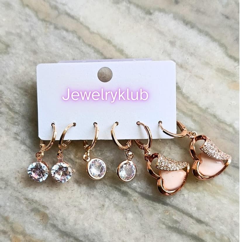 Jewelryklub Combo Of 3 Pairs Rose Gold Plated Zircon Studded AD Earrings For Girls Women Design 7 view 6