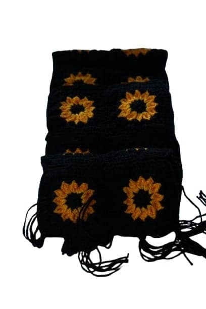 Handcrafted Black & Yellow Crocheted Wool Scarf with Sunflower Motifs view 3
