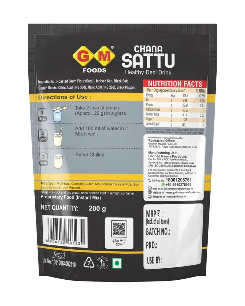 GM Foods Salty Chana Sattu Flour 200 Grams | High Protein & Fiber | Natural Atta for Drinking & Cooking | Roasted Black Chana Flour | Sattu Powder for Summer view 2