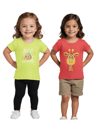 Girls T-Shirt Hibiscus Red / Acid Lime Green, Soft Cotton, Ages 2-6 (2pcs pack)