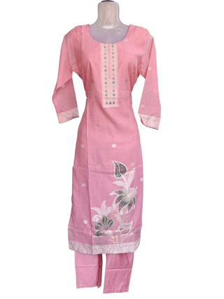 Blush Pink Chanderi Silk Hand-Painted Floral Salwar Suit Set with Embroidered Yoke
