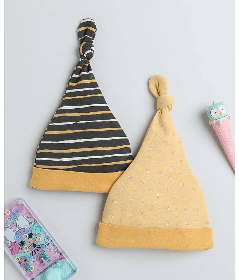 BUMZEE Mustard & Grey Baby Boys Knotted Cap Pack Of 2 Age - 3-6 Months