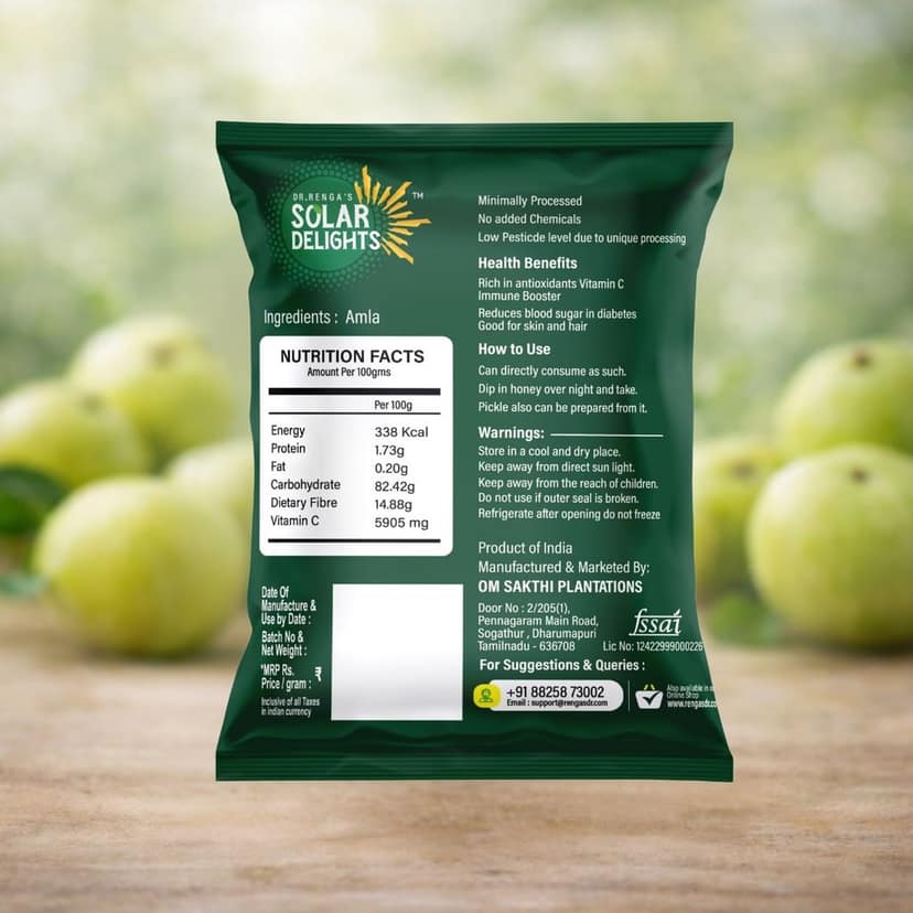 DR. RENGA'S SOLAR DELIGHTS Delights Solar Dried Amla | Dehydrated Fruit for Eating & Hair | Unsweetened & Preservative-Free Gooseberry | Rich in Vitamin C & Antioxidants | 100g view 2