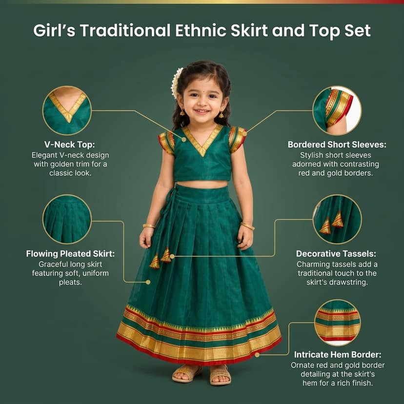 Mom and Me Girls’ Lehenga Choli/Parker Polka/Pattu Pavadai (0 Months–6 Years) | Acrylic Cotton with Soft Cotton Lining | V-Neck, Short Puff Sleeves, Zipper Closure (Morpankhi, 0-3 M) view 4