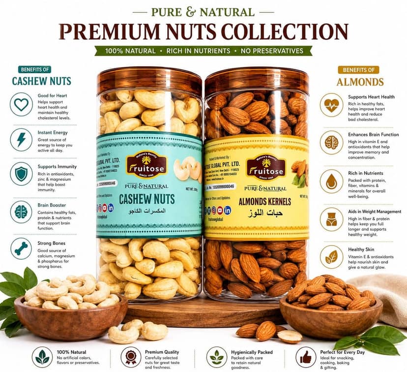 Fruitose Global Pvt. Ltd. Pure & Natural Cashew Nuts & Almonds Kernels 500g Each (Pack of 2) view 2