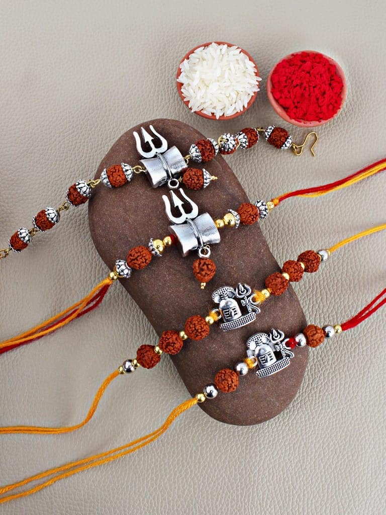 Lucky Jewellery Designer Oxidised Silver Religious Rakhi - Rakshabandhan Immitation Rudraksh Shiva Rakhee with Lumba Bracelet for Brother/Bhaiya/Bhai/Bhabhi - Pack of 4 (220-CHR1-196372-4) view 2