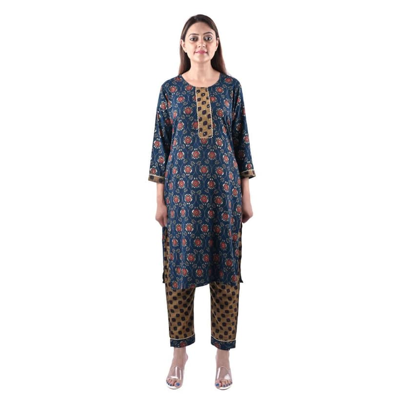 Cotton Fabric Block Printed Zari work Kurti With Pants-S' color-Blue