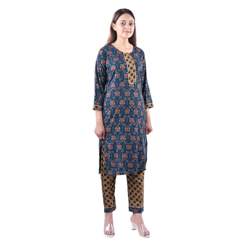 Cotton Fabric Block Printed Zari work Kurti With Pants-S' color-Blue view 2