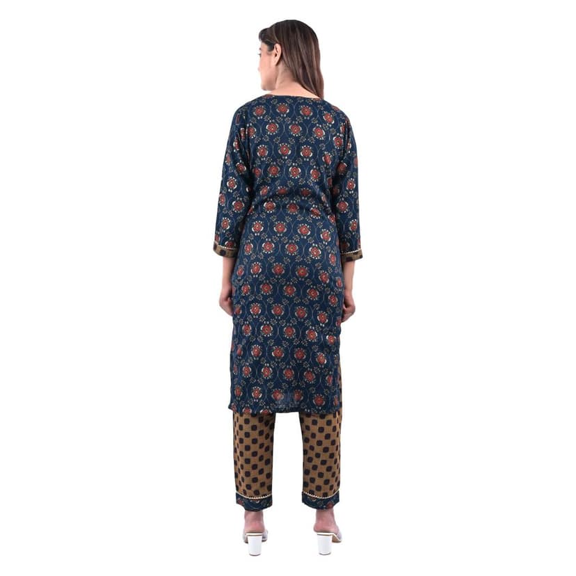 Cotton Fabric Block Printed Zari work Kurti With Pants-S' color-Blue view 4