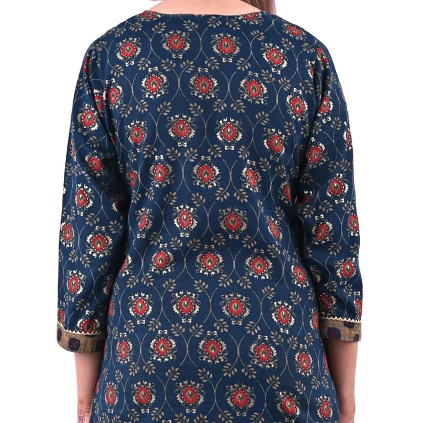 Cotton Fabric Block Printed Zari work Kurti With Pants-S' color-Blue view 5