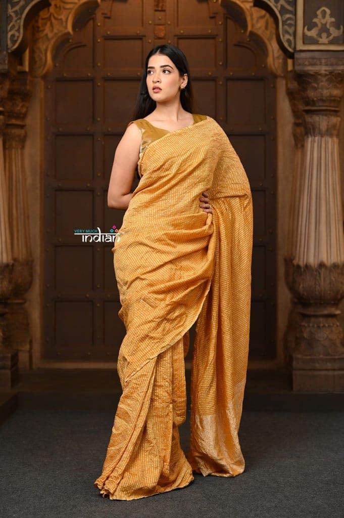 Parampara ~ Golden Earth ~ Munga Silk Saree in Deep Yellow with Subtle Stripes view 4