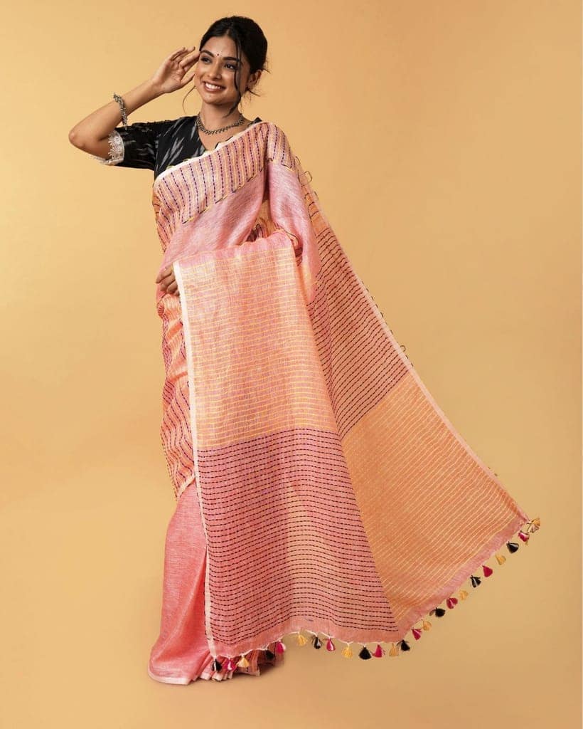 Pure Linen Weaving Design Kantha Work Peach Color Saree with Kantha Blouse-5578 view 2