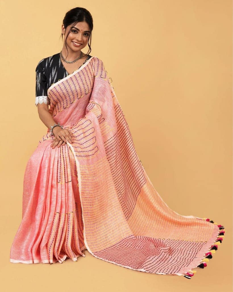 Pure Linen Weaving Design Kantha Work Peach Color Saree with Kantha Blouse-5578 view 3