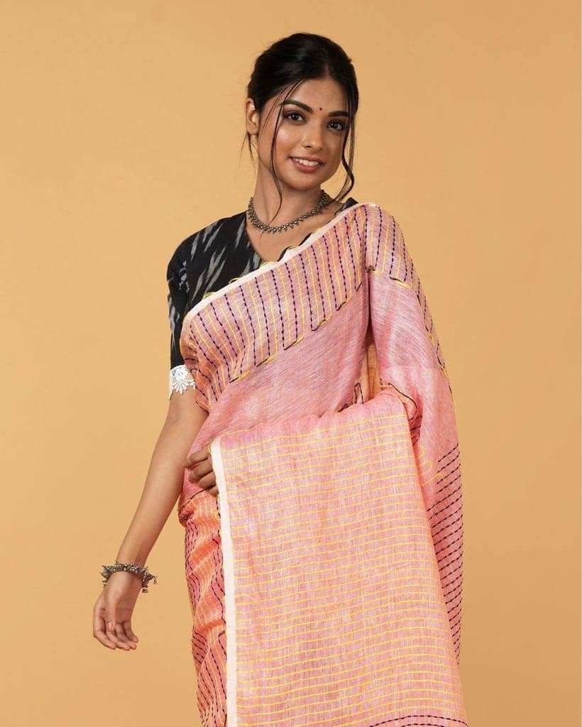 Pure Linen Weaving Design Kantha Work Peach Color Saree with Kantha Blouse-5578 view 4
