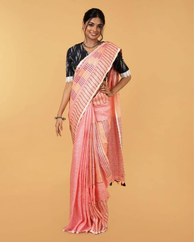 Pure Linen Weaving Design Kantha Work Peach Color Saree with Kantha Blouse-5578 view 5
