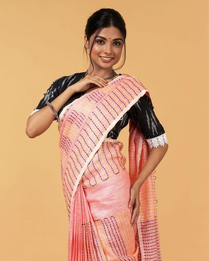 Pure Linen Weaving Design Kantha Work Peach Color Saree with Kantha Blouse-5578 view 6