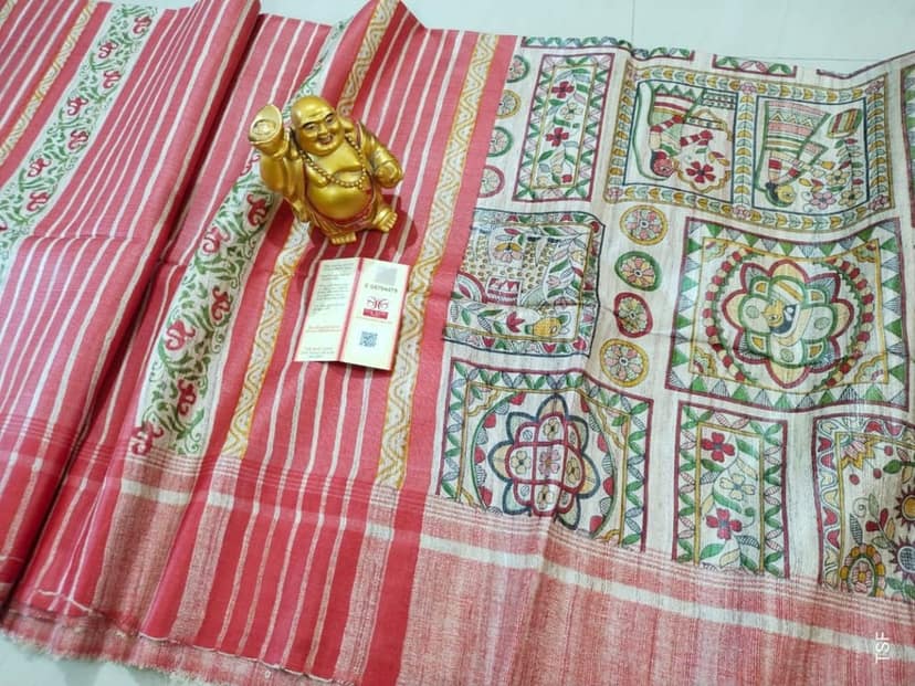 Silkmark Certified Tussar Silk Handloom Handblock Printed Pink and Green Saree with Blouse-3266