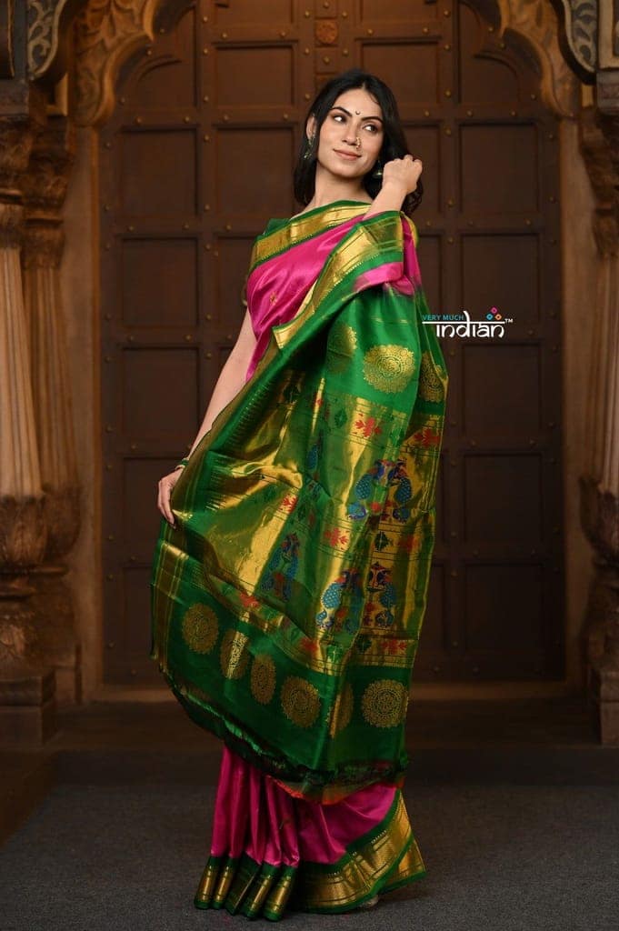 Parampara Revival ~ Handloom Pure Silk Maharani Paithani with Majestic Maharani Pallu in Rose Pink view 2