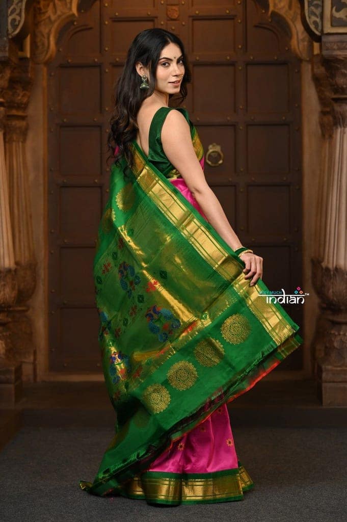 Parampara Revival ~ Handloom Pure Silk Maharani Paithani with Majestic Maharani Pallu in Rose Pink view 3