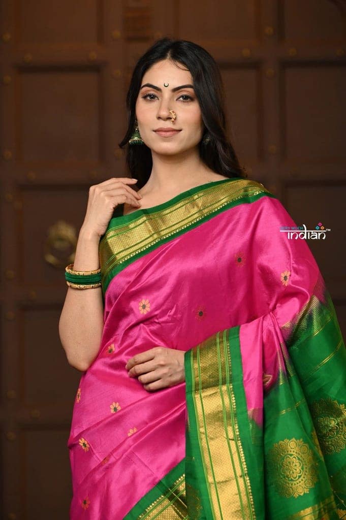 Parampara Revival ~ Handloom Pure Silk Maharani Paithani with Majestic Maharani Pallu in Rose Pink view 4