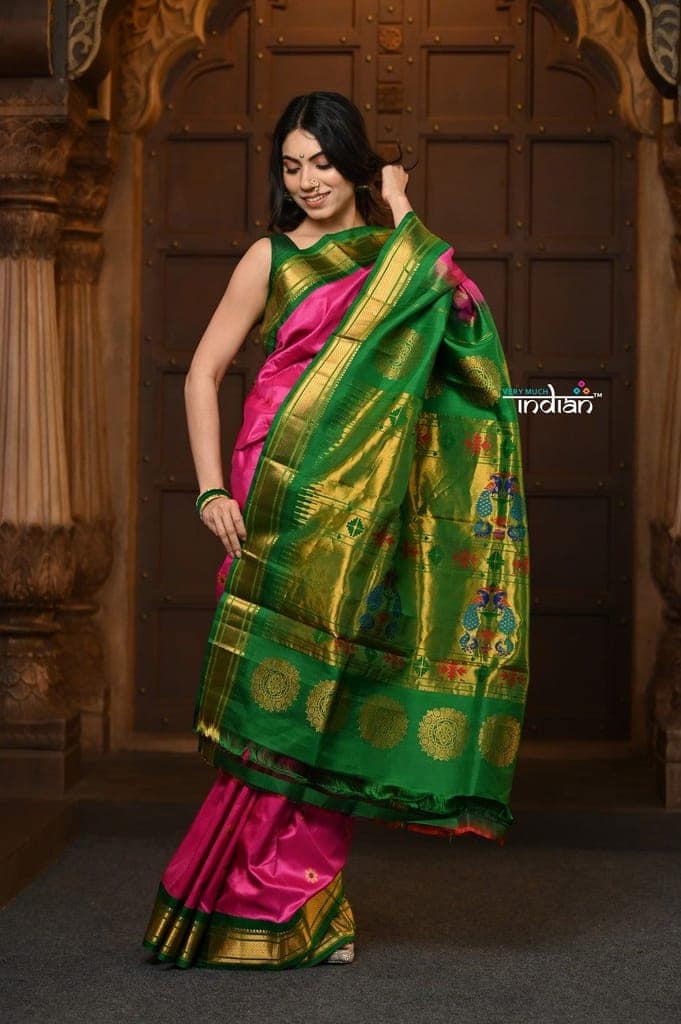 Parampara Revival ~ Handloom Pure Silk Maharani Paithani with Majestic Maharani Pallu in Rose Pink view 5