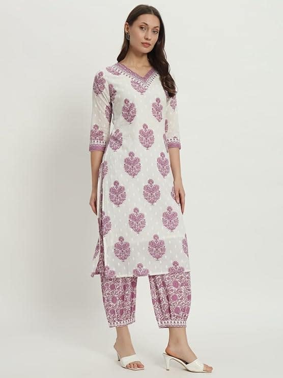 Gulmira White & Purple Floral Yoke Design Empire Mirror Work Pure Cotton Kurta with Patiala & Dupatta