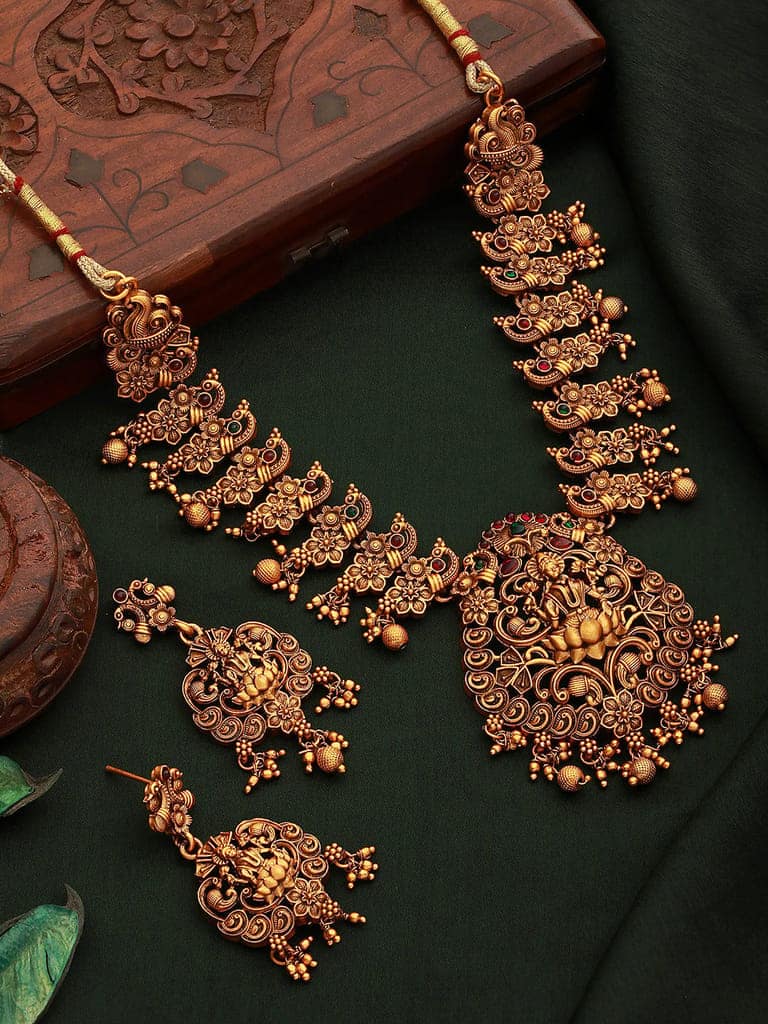 Gold Plated Lakshmiji Filigree Antique Temple Necklace Jewellery Set view 2