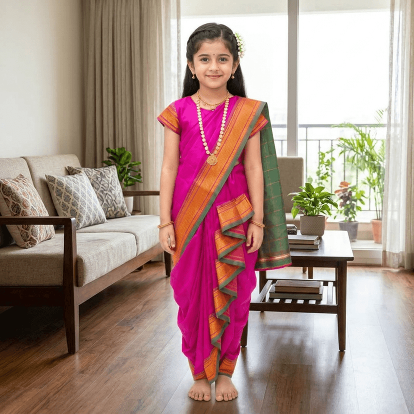 luster Shahi Mastani Nauvari saree for kids/girls Ready-to-wear with a stitched blouse, Traditional Maharashtrian Marathi saree, for School program ganpati pujas festival (Purple, 13-14 Years) view 3