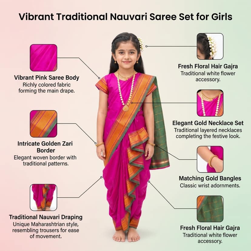luster Shahi Mastani Nauvari saree for kids/girls Ready-to-wear with a stitched blouse, Traditional Maharashtrian Marathi saree, for School program ganpati pujas festival (Purple, 13-14 Years) view 4