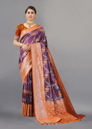 Yavira silk Women's Orange Handwoven Silk Blend Saree