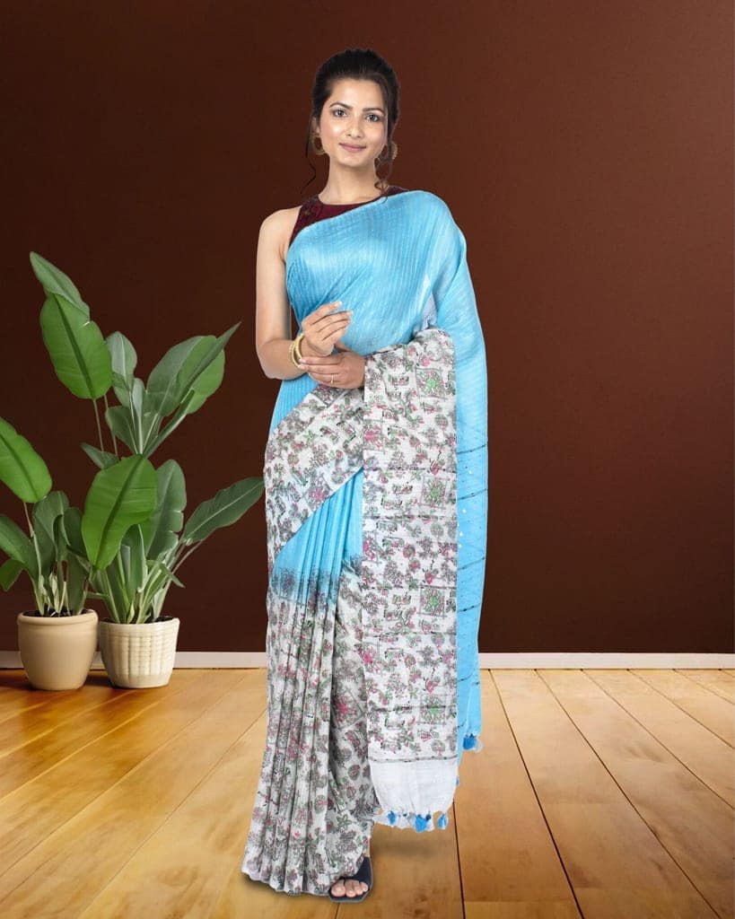 Kota Silk Saree Summer Sky Blue Color Body Striped with Sequence Pallu, Half Dye Half Print and Running Blouse-6281 view 2
