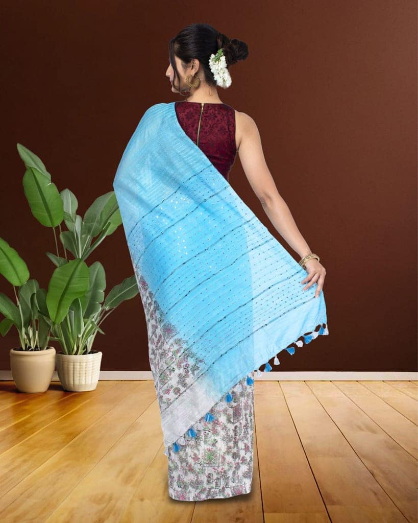 Kota Silk Saree Summer Sky Blue Color Body Striped with Sequence Pallu, Half Dye Half Print and Running Blouse-6281 view 3
