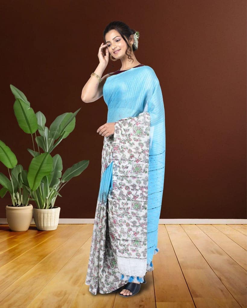 Kota Silk Saree Summer Sky Blue Color Body Striped with Sequence Pallu, Half Dye Half Print and Running Blouse-6281 view 5