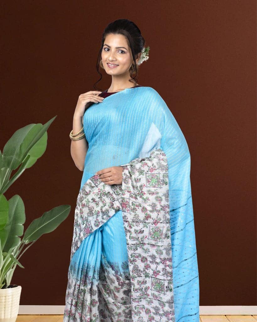 Kota Silk Saree Summer Sky Blue Color Body Striped with Sequence Pallu, Half Dye Half Print and Running Blouse-6281 view 6