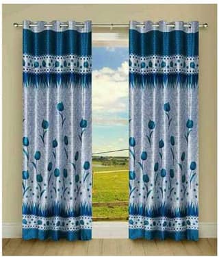 Panipat Textile Hub Floral Semi-Transparent Eyelet Door Curtain 7 ft Pack of 2 -Blue